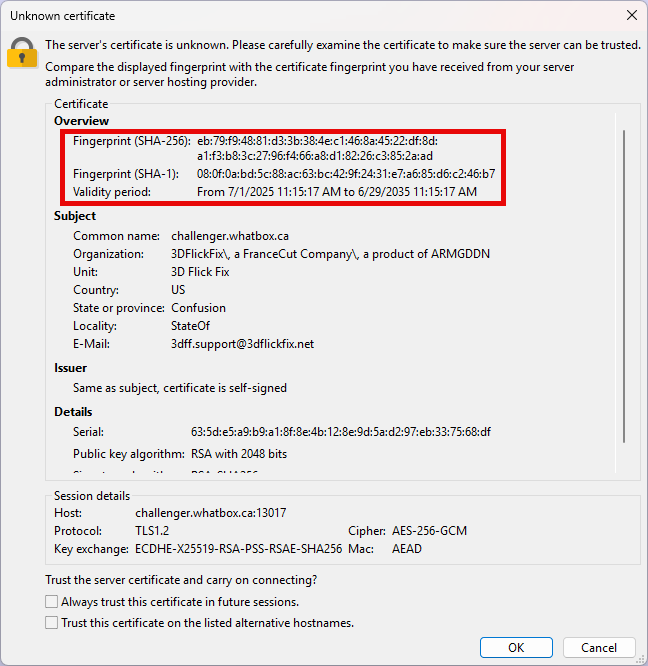 Unknown Certificate for Challenger