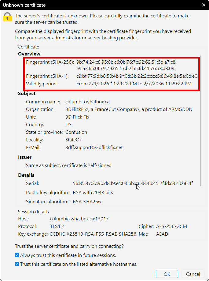 Unknown Certificate for Columbia