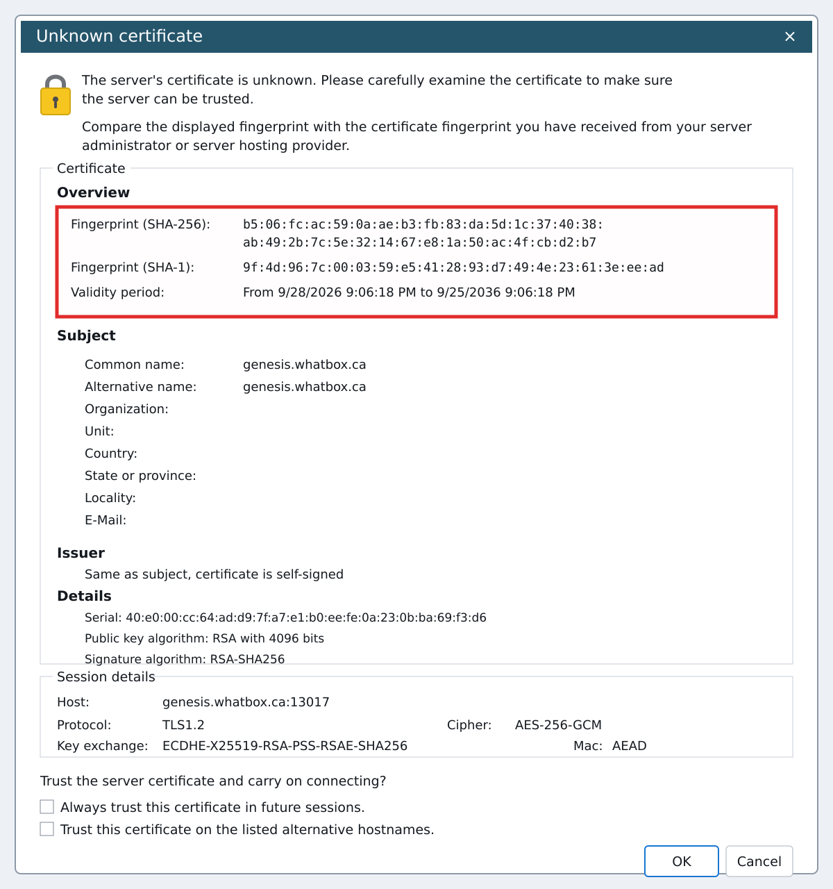 Unknown Certificate for Genesis